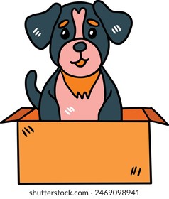 A dog is sitting in a box. The dog is smiling and looking at the camera