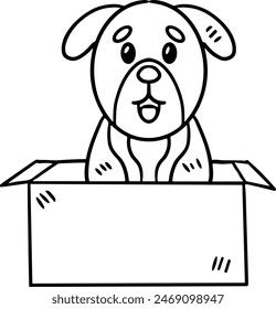 Un perro está sentado en una caja. El perro está sonriendo y mirando a la cámara