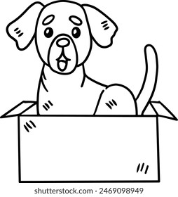 A dog is sitting in a box. The dog is smiling and looking at the camera