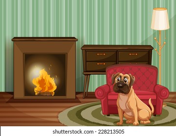 Dog sitting by fire inside