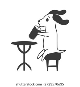 Perro sentado en la cafetería y beber ilustración de dibujos animados. Lindo relajante Dachshund Puppy descansando cerca de la mesa en estilo de línea de tinta negra, juguetón dibujado a mano boceto animal, decoración de café, elemento de Vector caprichoso