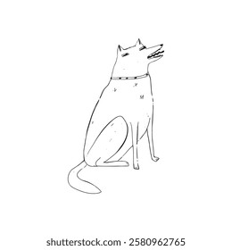 A dog sitting in a calm and upright posture, as if listening attentively, drawn in a black-and-white minimalist style.
