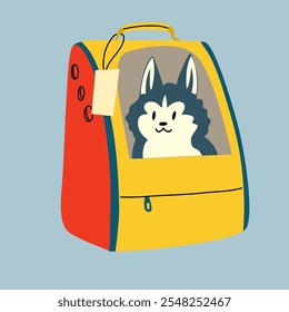 Um cachorro está sentado no carro. Mochila para animal de estimação, viagem com animais de estimação.