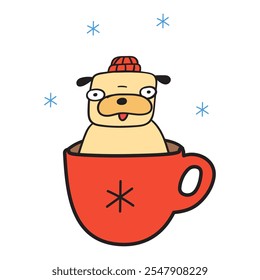 Dog sitting in a coffee cup. Snowflakes falling. Christmas concept. Isolated icon. Hand drawn vector illustration on white background.