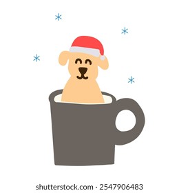 Dog sitting in a coffee cup and wearing Santa's hat. Hand drawn flat design. Illustration on white background.