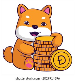 Dog is sitting with coins. Vector graphic illustration. Individually on a white background.
