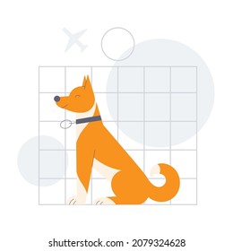 Dog sitting in crate carriage at the airport. Pets air traveling concept flat vector illustration.