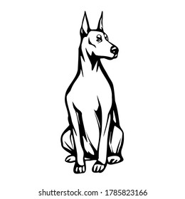 Dog sitting. Doberman, Shepherd, Rottweiler Stylized  image, logo black and white element. Stock vector illustration isolated on white background.