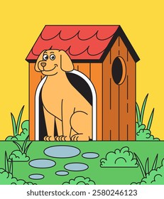 Dog sitting in a doghouse at the outdoor scene cartoon illustration retro vector hand drawn ideal for pet lovers and home themes