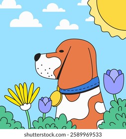 Dog sitting in a field of flowers, basking in the sun adorable cartoon illustration vector hand drawn