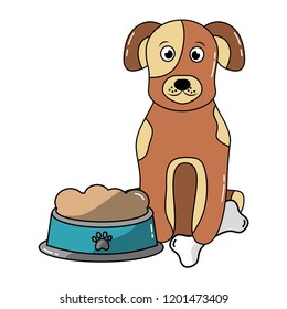 dog sitting with food and bone