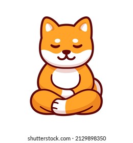 Dog sitting in meditation, cartoon drawing. Cute funny Shiba Inu meditating in lotus position, vector clip art illustration.