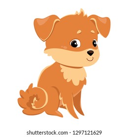 The dog is sitting in the middle of the side. Color image of a pet. Vector illustration for design, print on t-shirt, bag, notebook, card.