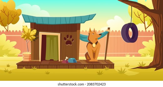 Dog sitting near wooden kennel at house backyard, canine domestic animal at doghouse with curtained entrance, wood terrace and bowls with food and bone at summer garden, Cartoon vector illustration