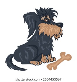 dog sitting next to a bone, color cartoon vector.