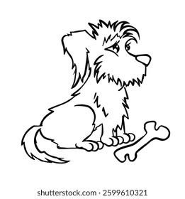dog sitting next to bone, line coloring page vector