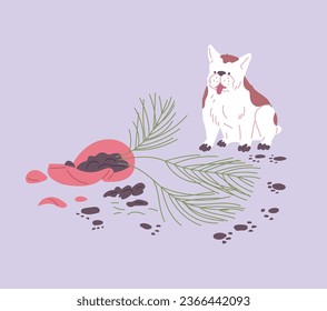 Dog sitting next to broken flower pot flat style, vector illustration isolated on purple background. Decorative design element, pet's behavior. Dog pet making mess svg