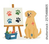 a dog is sitting next to an easel with paint and a paintbrush Creative Dog Painting Paw Prints Canvas