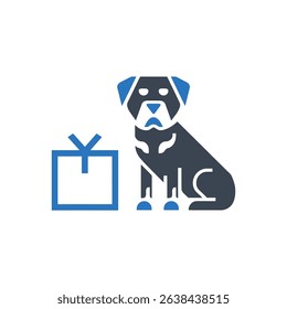 A dog sitting next to a gift box icon.