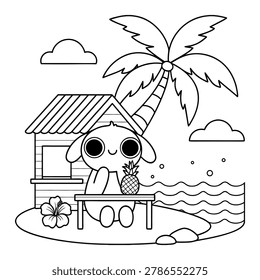 Dog sitting on beach with pineapple and hut palm tree