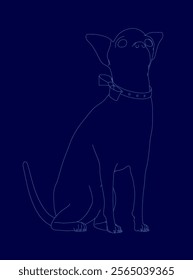 Dog is sitting on a blue background. The dog is wearing a collar and has its head up