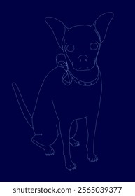 Dog is sitting on a blue background. The dog is wearing a collar and has a bow around its neck