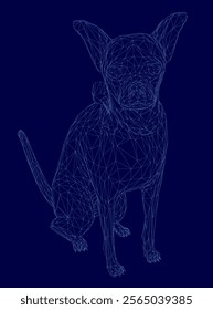 Dog is sitting on a blue background. The dog is looking at the camera. The image has a calm and peaceful mood