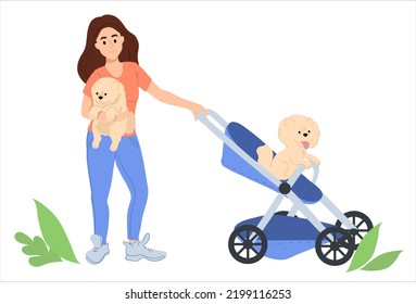 A dog sitting on a stroller for children.  A young woman is carrying a dog in a stroller. A cute puppy sits in the arms of a girl. 
Concept vector illustration. Isolate on white background. 