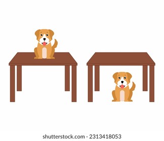 Dog is sitting on the table and under the table learning material for kids opposites suggestions on under