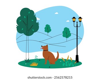 A dog is sitting in the park with its tongue sticking out, on a big tree, there are garden lights, clear sky with white clouds, also some green plants, ecosystem vector illustration.