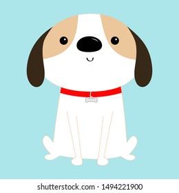 Dog sitting. Red collar. White puppy pooch. Cute cartoon kawaii funny baby character. Flat design style. Help homeless animal concept. Adopt me. Pet adoption. Blue background. Isolated. Vector