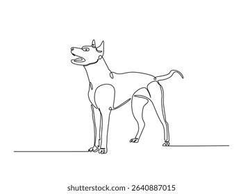 Dog sitting in single outline illustration. Continuous line art drawing of woman cute dog. Editable stroke.