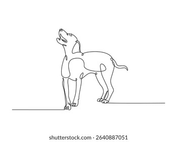 Dog sitting in single outline illustration. Continuous line art drawing of woman cute dog. Editable stroke.