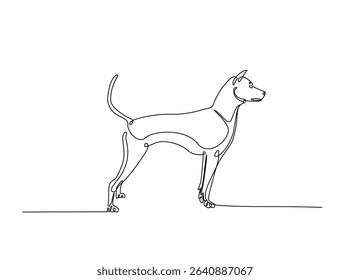 Dog sitting in single outline illustration. Continuous line art drawing of woman cute dog. Editable stroke.