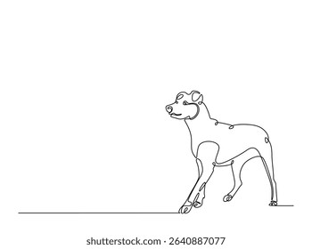 Dog sitting in single outline illustration. Continuous line art drawing of woman cute dog. Editable stroke.