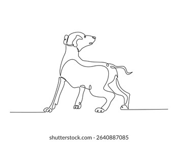 Dog sitting in single outline illustration. Continuous line art drawing of woman cute dog. Editable stroke.