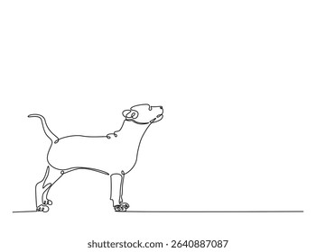 Dog sitting in single outline illustration. Continuous line art drawing of woman cute dog. Editable stroke.