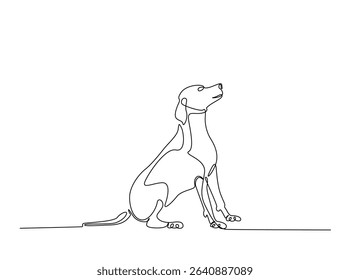 Dog sitting in single outline illustration. Continuous line art drawing of woman cute dog. Editable stroke.