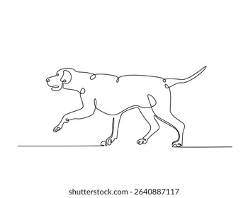 Dog sitting in single outline illustration. Continuous line art drawing of woman cute dog. Editable stroke.