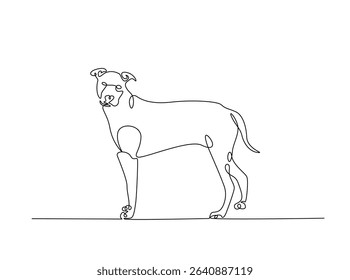 Dog sitting in single outline illustration. Continuous line art drawing of woman cute dog. Editable stroke.