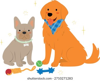 Perro sentado con la ilustración del hueso de la bola del juguete