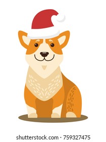 Dog sitting and wearing Christmas hat of Santa Claus, domestic pet symbolize approaching year 2018 and winter holidays celebration vector illustration