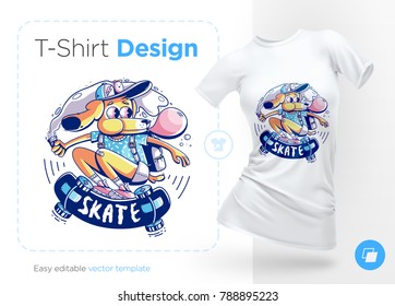 Dog skater with gum. Prints on T-shirts, sweatshirts, cases for mobile phones, souvenirs. Isolated vector illustration on white background.