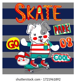 Dog  Skater  vector print.character design.Skateboard drawing. Funny t-shirt print for kids.striped background.