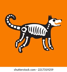 Esqueleto de perro halloween vector de decoración de vacaciones. Espina y cráneo de animales domésticos, cola y huesos de piernas. Sistema esquelético de mascotas y dibujo de dibujos animados planos místicos y tradicionales