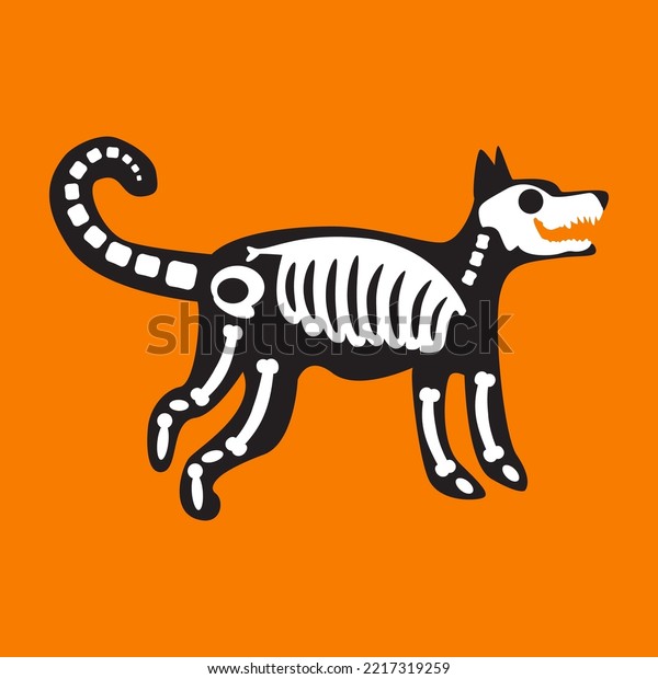 Dog\
skeleton halloween holiday decoration vector. Domestic animal spine\
and skull, tail and leg bone. Pet skeletal system and mystical\
traditional ornament flat cartoon\
illustration
