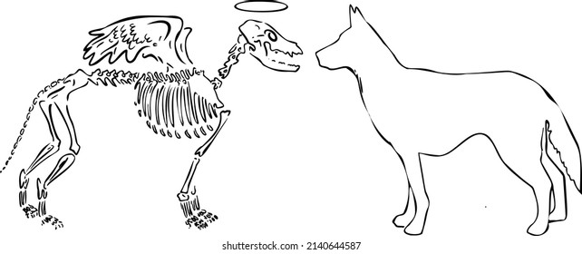 dog skeleton opposite live dog silhouette hand draw vector illustration art