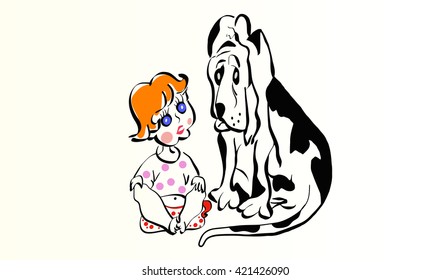 dog sketch and sitting next to a baby on a white background