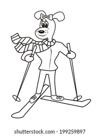 dog and ski - coloring book, vector illustration