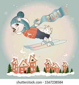 dog skier dressed in an orange sweater with deer and a blue hat flies over houses and Christmas trees on a background of a winter landscape